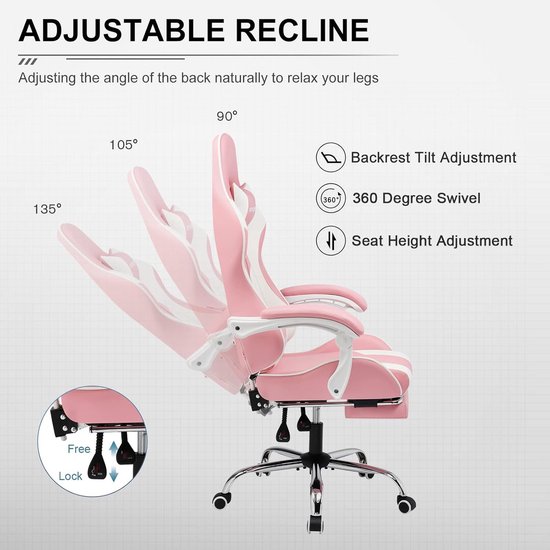 Bureaustoel met Massage - Gamerstoel Ergonomisch - Comfortabel Zitten - Ingebouwde Voetensteun - 135 cm Hoog - Roze — afbeelding 3