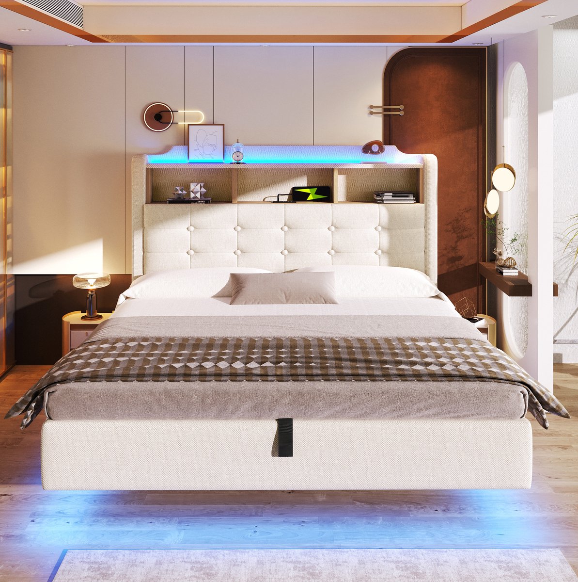 COVREO Bedframe 140x200 cm 217 x 141 x 110 cm beige LED zonder matras