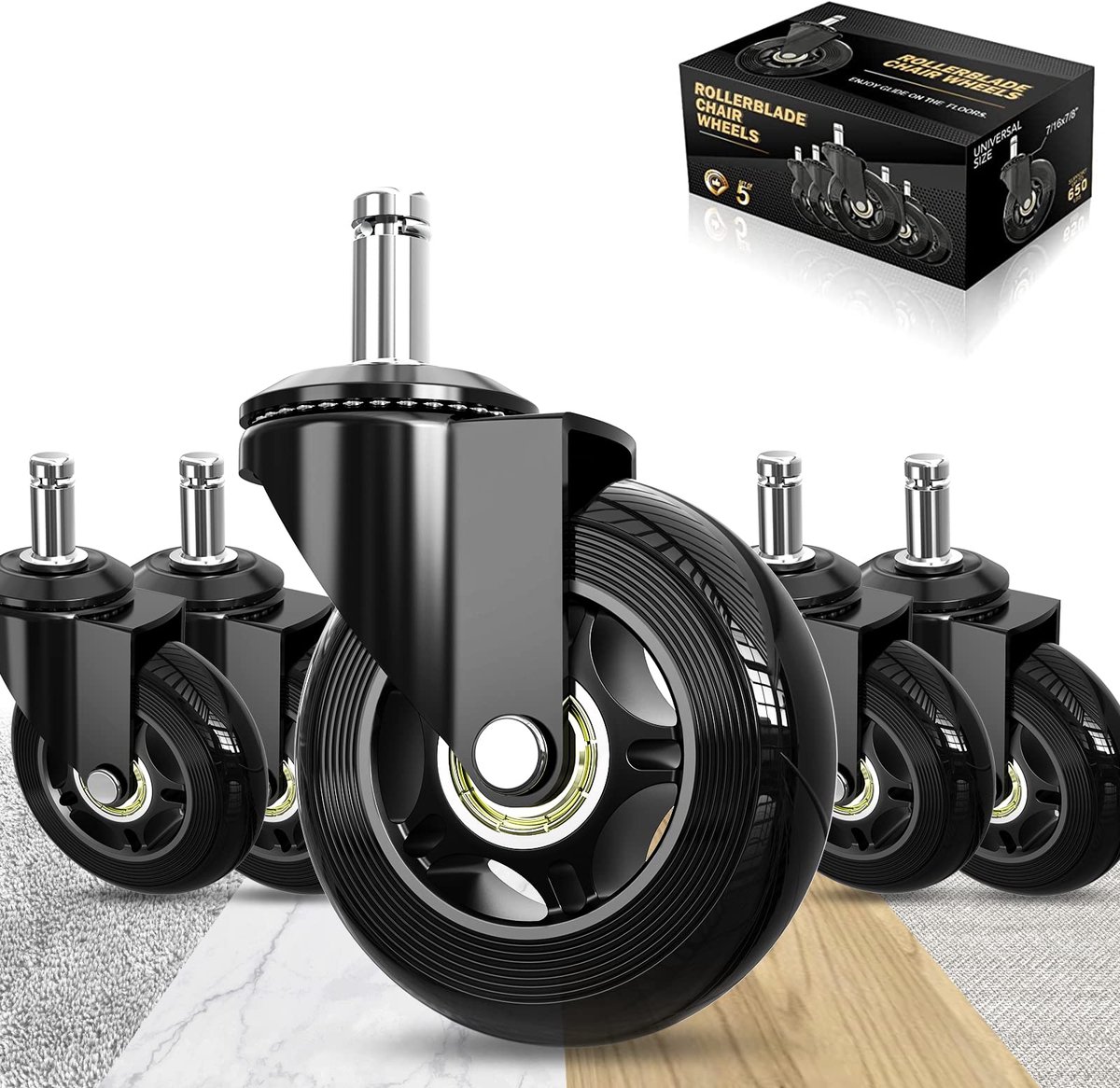 SnelShoppen - Universele Bureaustoel Wielen 11 mm x 22 mm - Rubber, Krasvrij en Stil - Upgrade Je Bureaustoel - 5 Stuks, Geen Vloerbeschermingsmat Nod