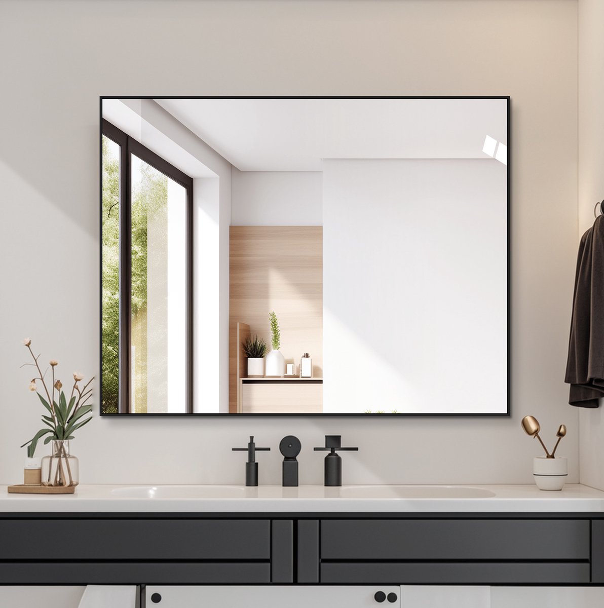 Badkamerspiegel 90 x 70 cm – Zwart Aluminium Frame – Rechthoek – Wandspiegel – Horizontaal en Verticaal