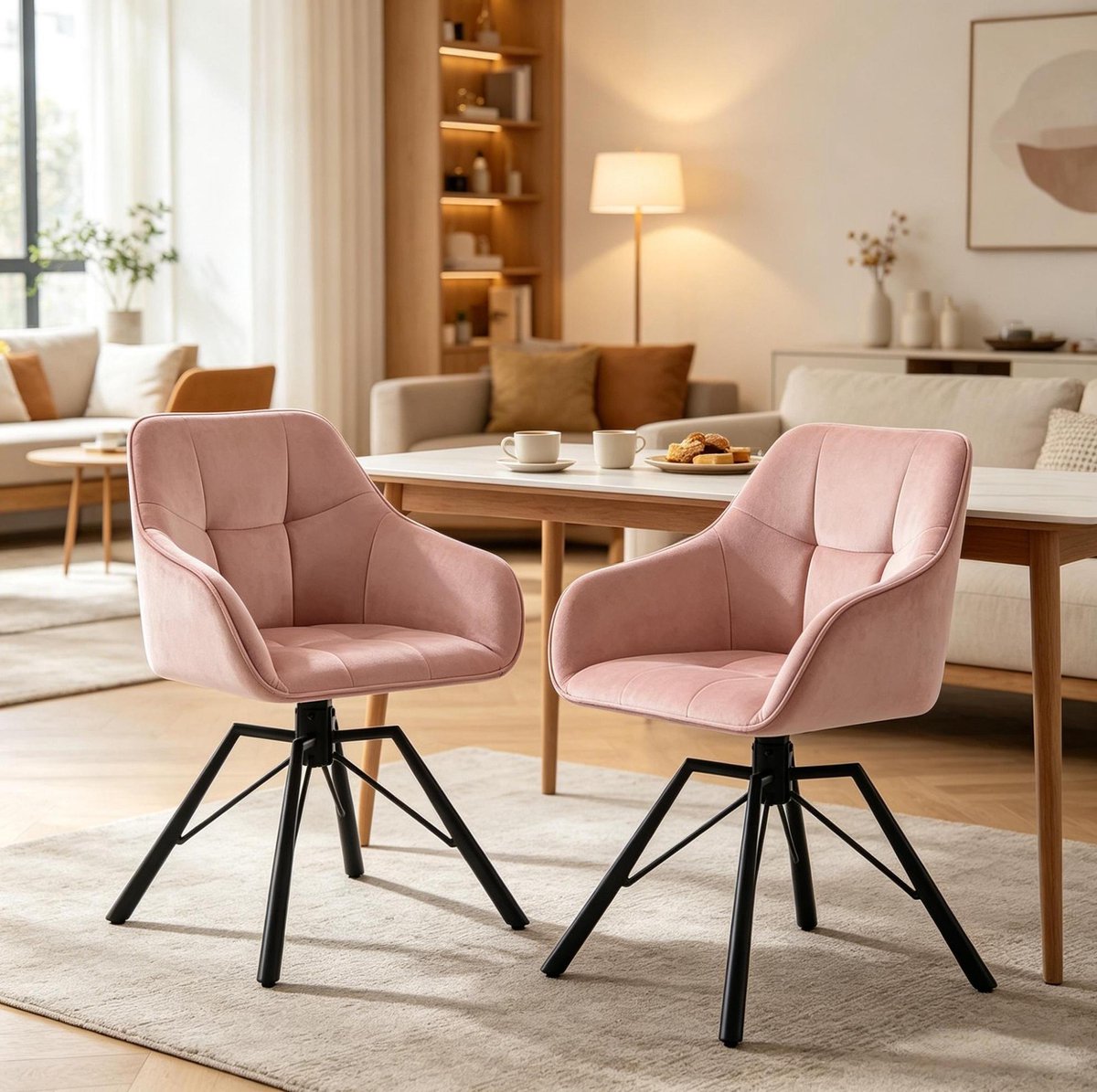 STILVORA Eetkamerstoel 58,5 Cm - Draaibare Kuipstoel Set Van 2 Met Armleuningen - Voor Eetkamer Keuken En Kaptafel - Velvet Metaal - Roze