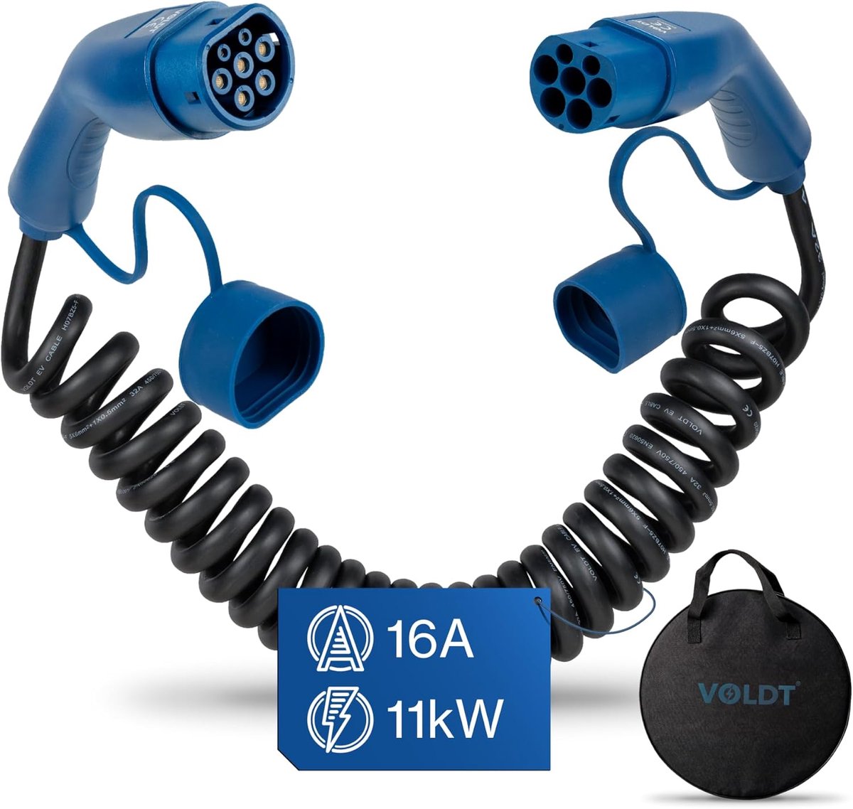 SnelShoppen - VOLDT 2 11kW 16A 3 Fase Opladen Kabel voor Elektrische Voertuigen, Type 2 naar Type 2 Mode 3, Snelle Laadervaring, IP67 Waterdicht, Voor
