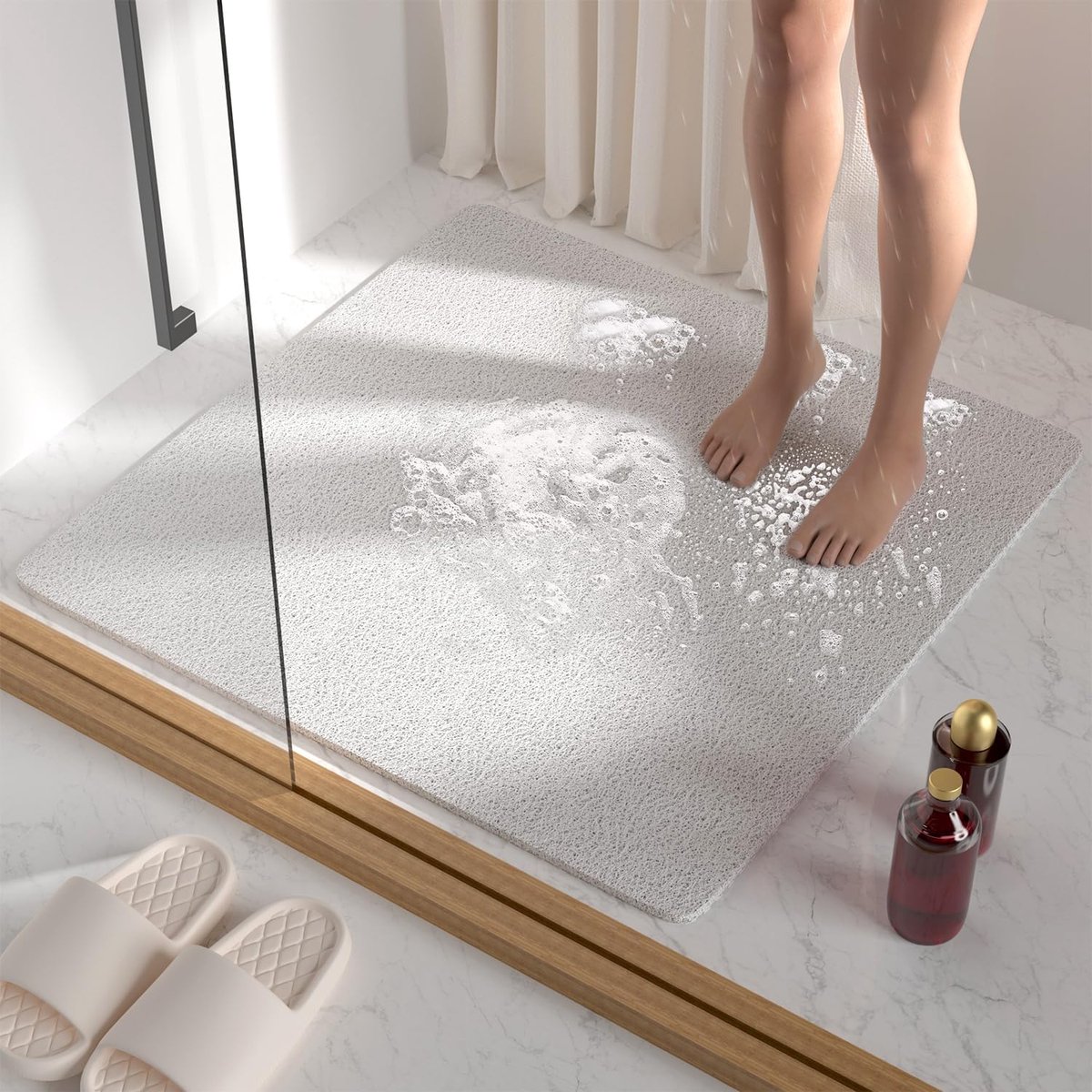 SnelShoppen - Non-slip Douchematt, 68 x 68 cm, Antislip Badmat voor Badkamer met Afvoer, Zachte PVC Loofah Badmat, Sneldrogend, Wit