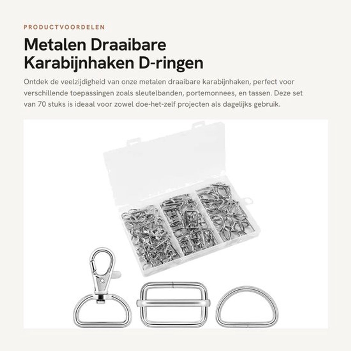 Karabijnhaken 70 Stuks - Draaibaar - Triglide-Schuifgespen - Sleutelband - Hondenhalsbanden - Robuust Materiaal - Haakjes