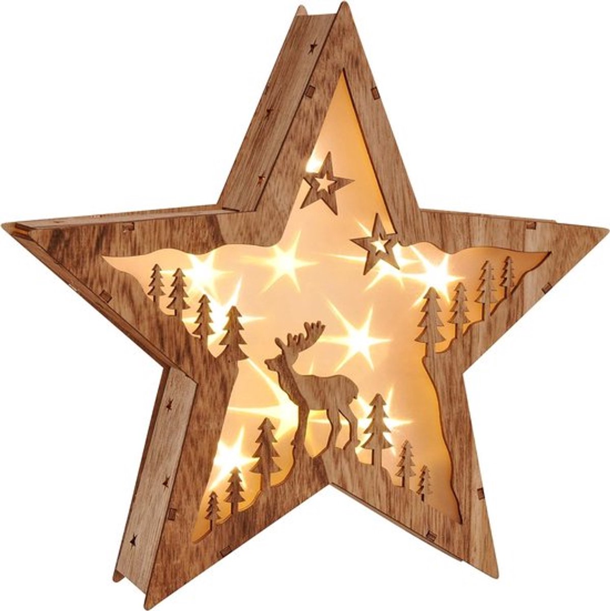 Led-kerstster - Warmwit licht - Droomachtig ontwerp - Houten ster - 10 LED-lampen - Batterijvoeding - Voor kerstdecoratie