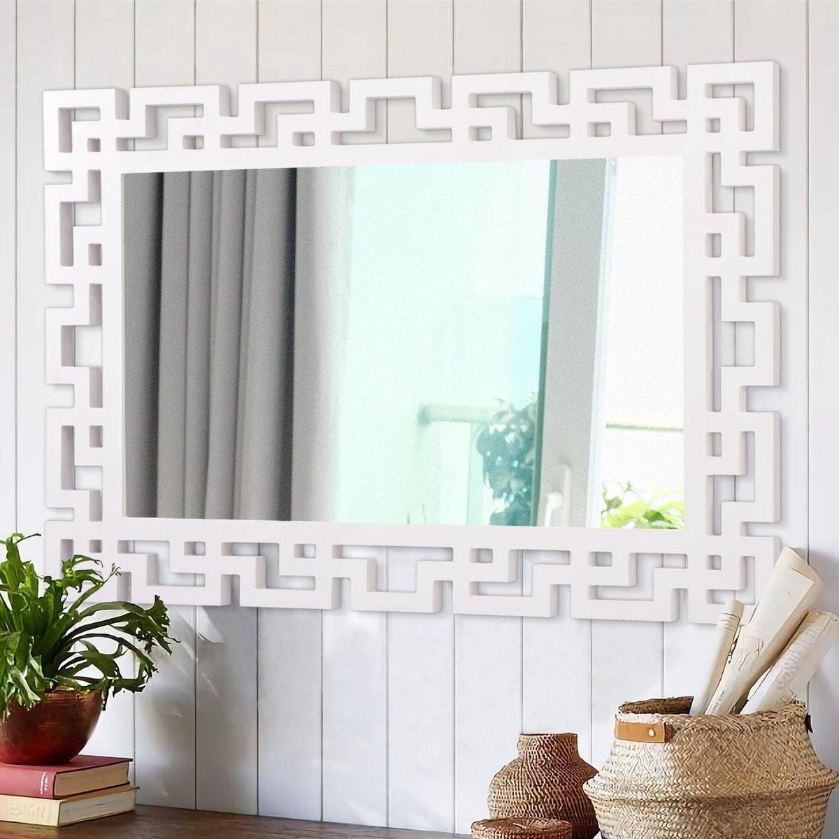 SnelShoppen - Decoratieve Muurspiegel 65x45cm - Moderne Rechthoekige Houten Omlijst Spiegel - Wit Art Decor voor Slaapkamer, Woonkamer, Badkamer en Ha