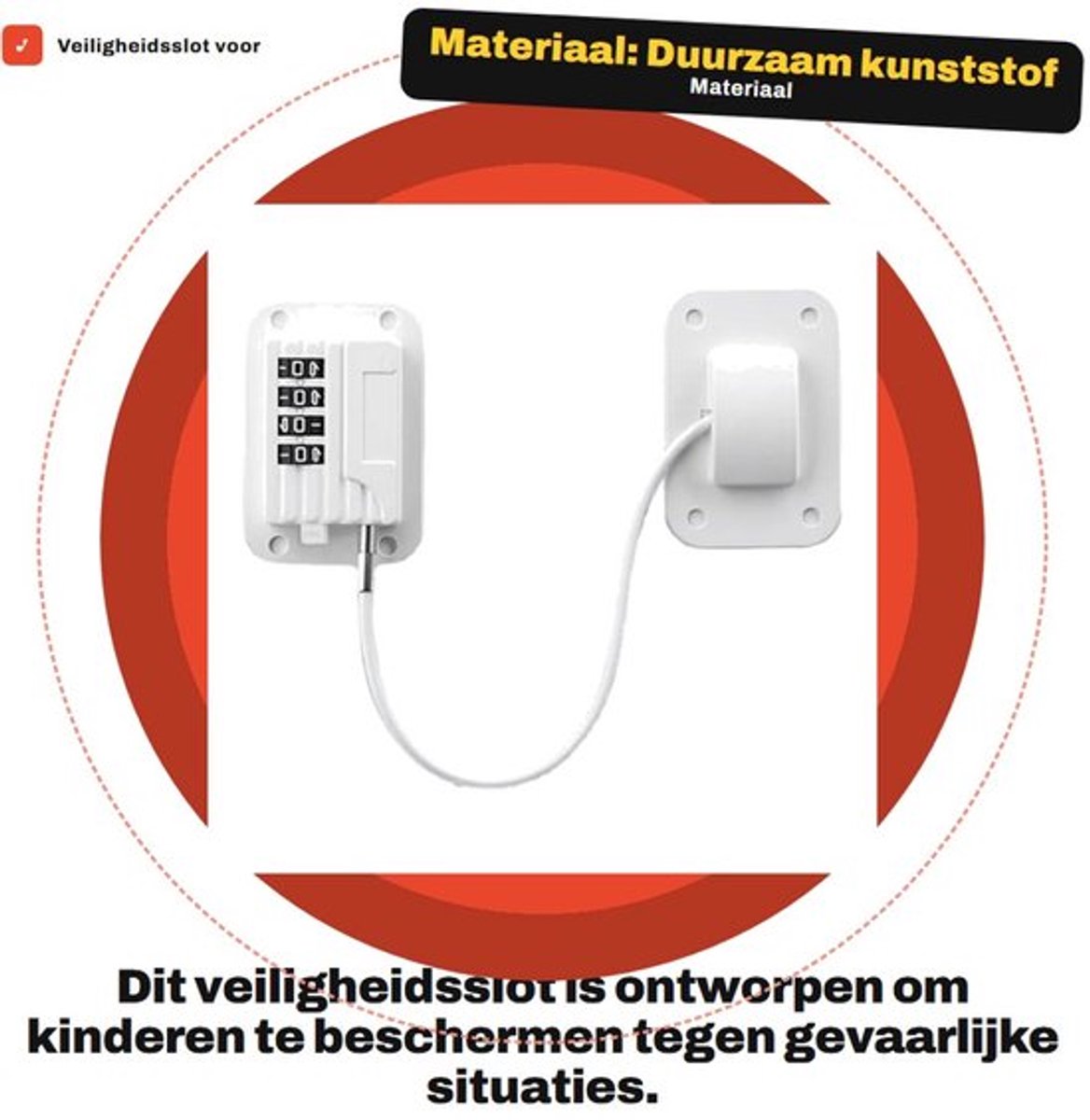 Veiligheidslot Kind - Deurslot met Code - Kabelslot - Zelfklevend - Kunststof - Inclusief Montage Schroeven