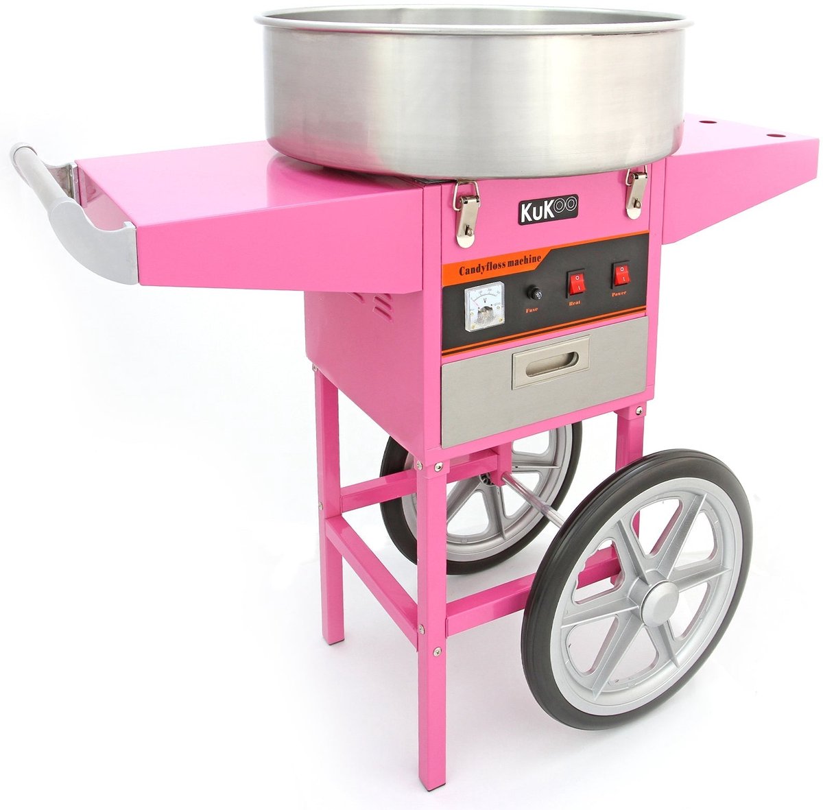 Suikerspinmachine - retro roze - 50 cm RVS kom - incl. kar met wielen