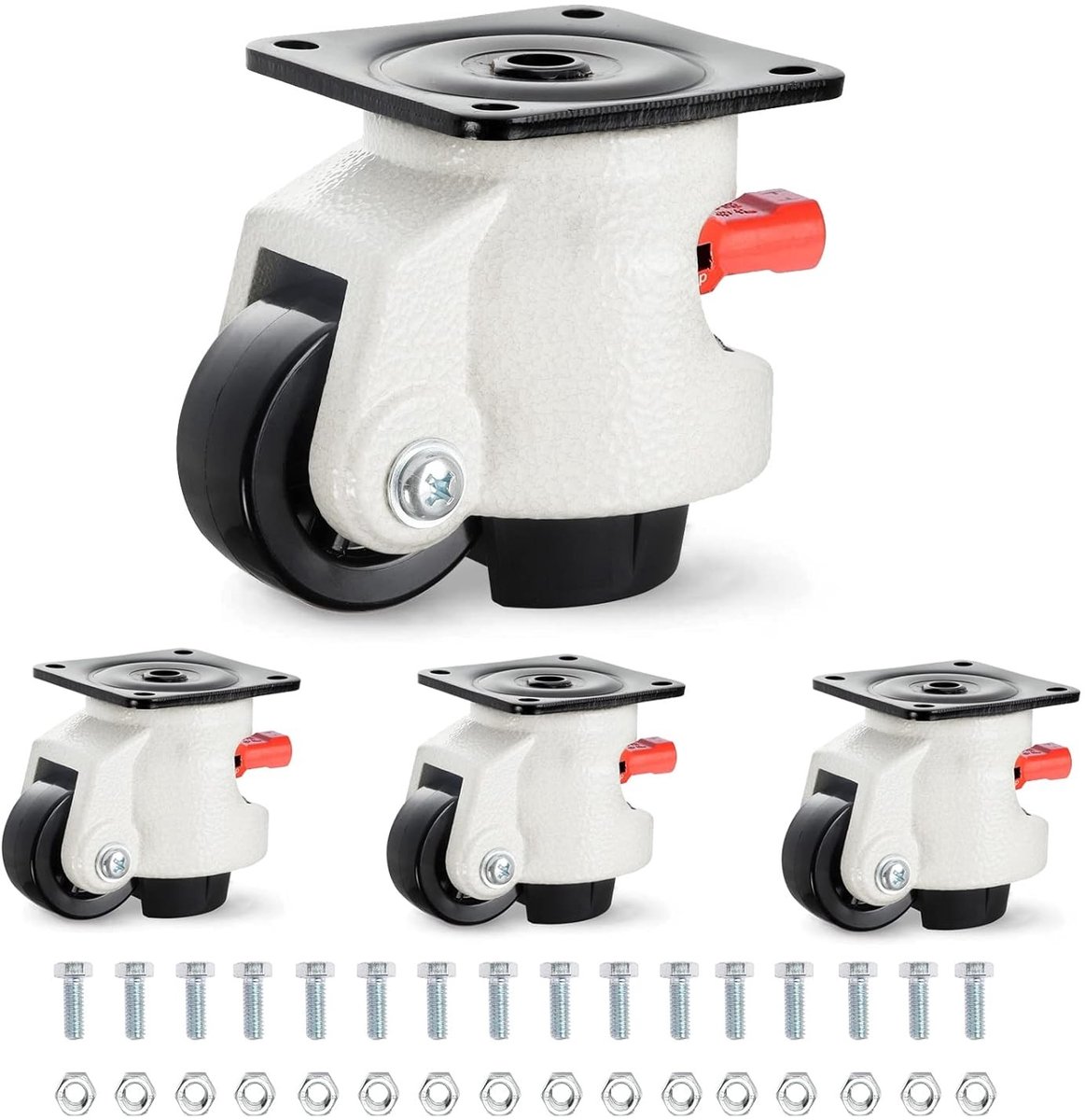 Verstelbare ratelhandgreep met 360 graden zwenkwielen, 4400 lbs capaciteit, zware retractable wielen voor werkbank en machines, set van 4, wit