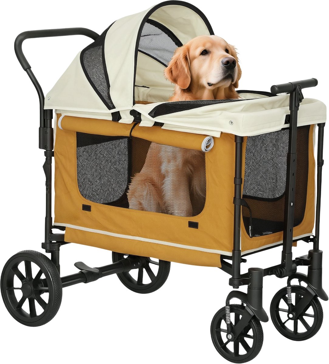 2-in-1 Hondenbuggy & Handkar – Opvouwbare Dierenwagen voor Honden & Katten tot 30 kg – Lichtbruin