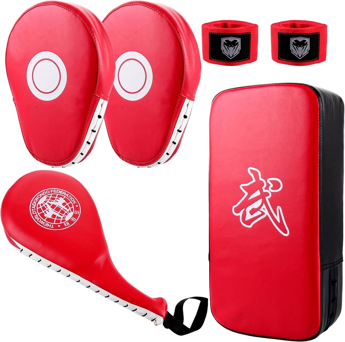 Complete Peddelset voor Kickboksen met 4 Pads en 3 m Band - Ideaal voor Vechtsporttraining, Taekwondo en Thaiboksen, Inclusief Handbeschermers en Slagkussens