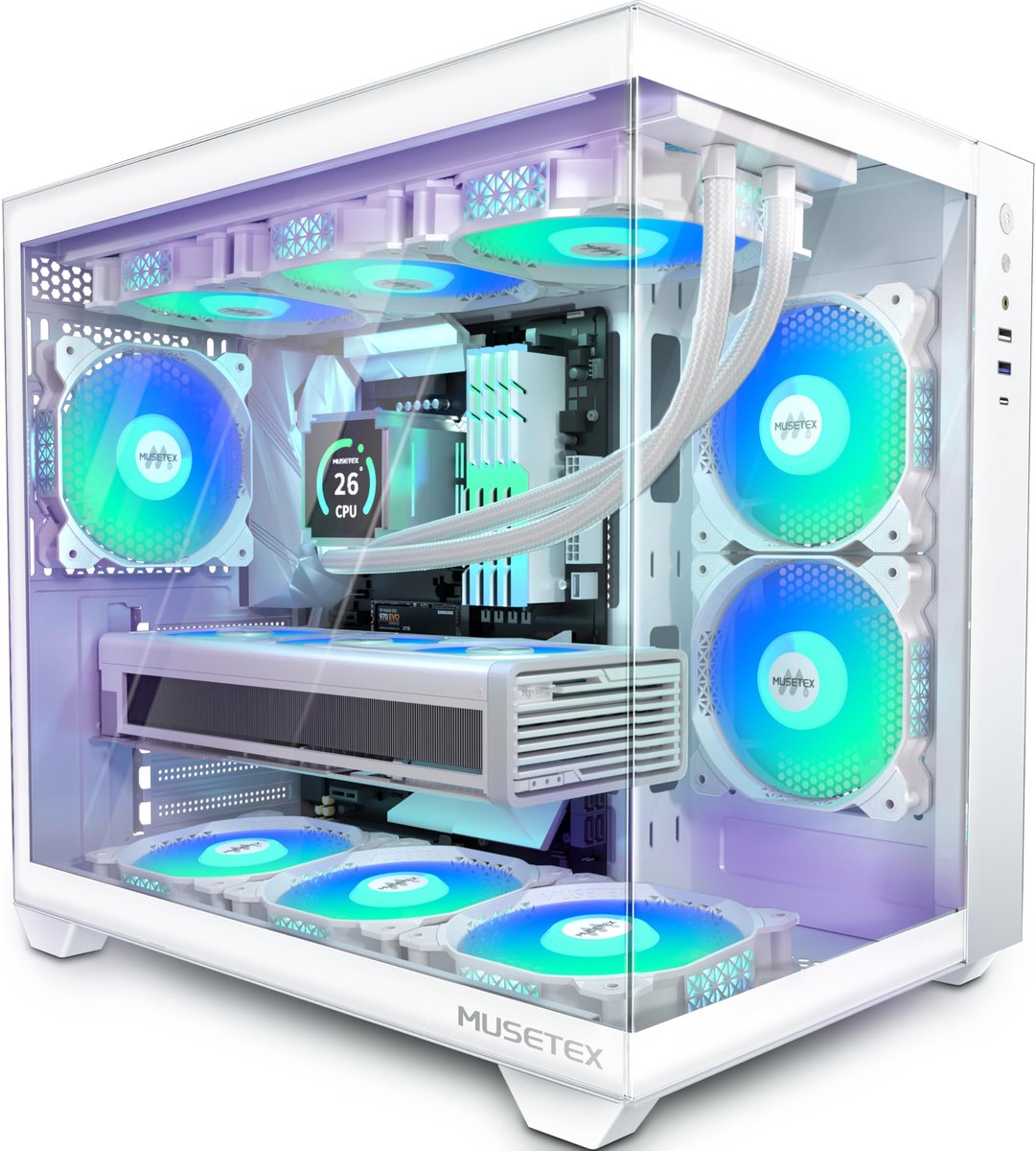 SnelShoppen - Mid Tower PC-hoes Wit met 5 x 120 mm PWM ARGB-ventilatoren en 270° Geharde Glas voor ATX en Micro-ITX Systemen, USB 3.2 Type-C, 7 Uitbre