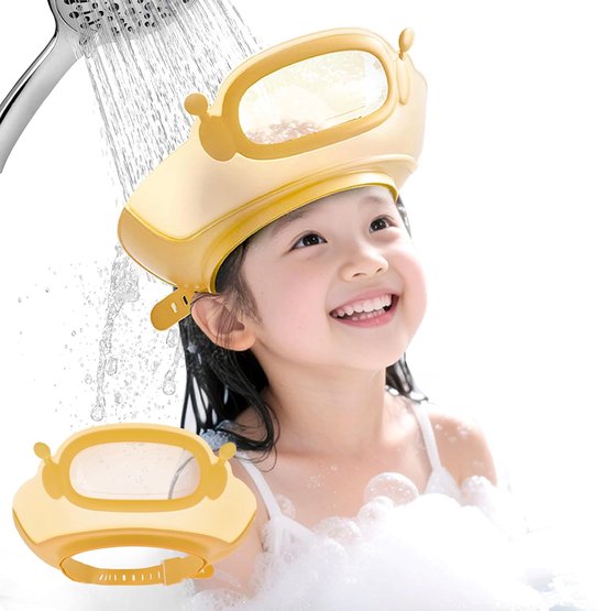 Baby-douchekapje voor kinderen, badkapje met vizier voor het wassen van het haar, verstelbaar, gele robot — afbeelding 4