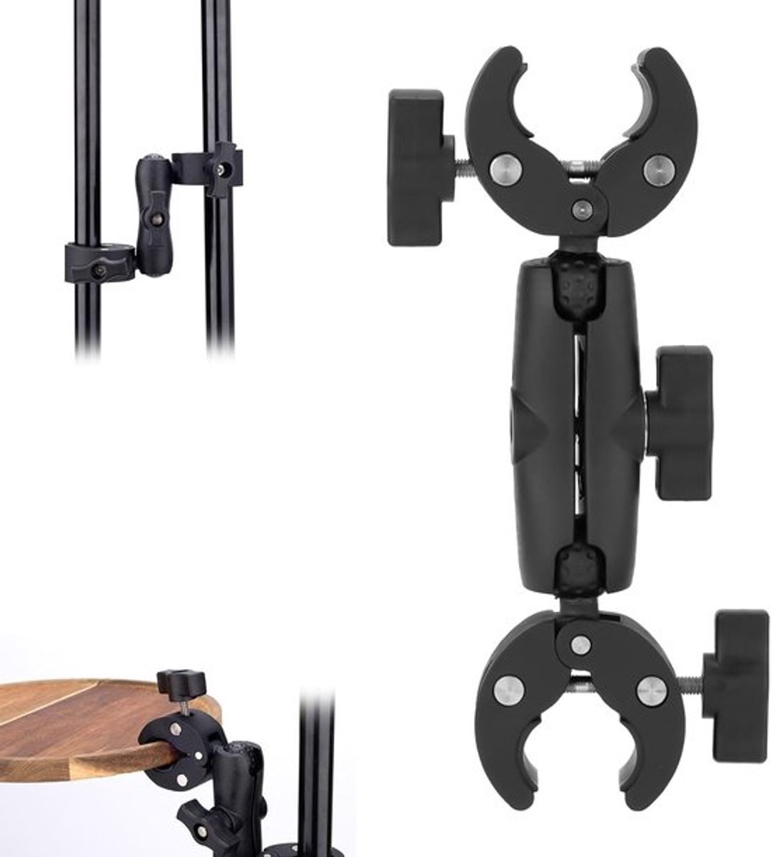Universele dubbelzijdige klem voor motorfietsen, schokbestendige clip - Magic Arm dubbele klem camerabeugel - verstelbaar - zwart