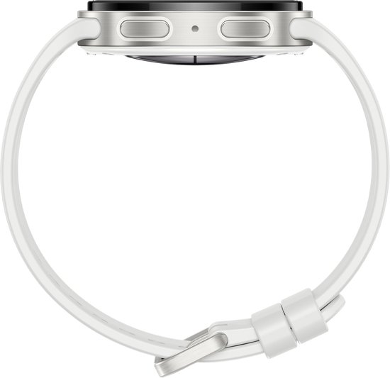 Zij-aanzicht van zilverkleurige Samsung Galaxy Watch9 met witte band.