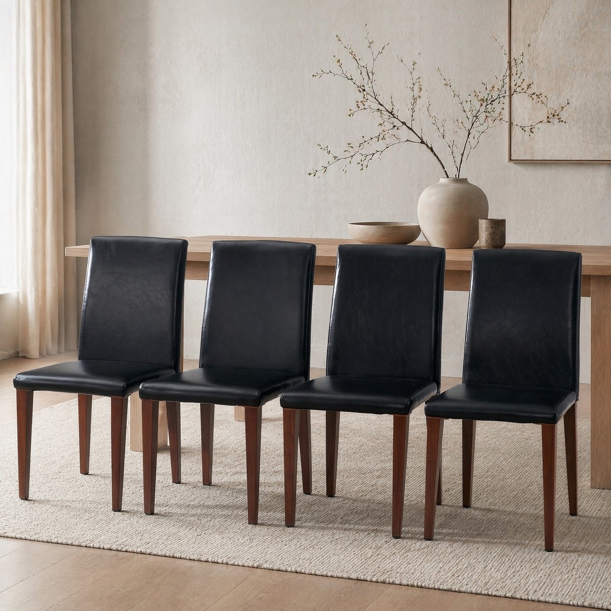 MEUNIQ Eetkamerstoelen set van 4 - zwart PU-kunstleer met walnootlook metalen onderstel, hoge rugleuning, moderne eetkamerstoel voor woonkamer en eetkamer Walnut+black