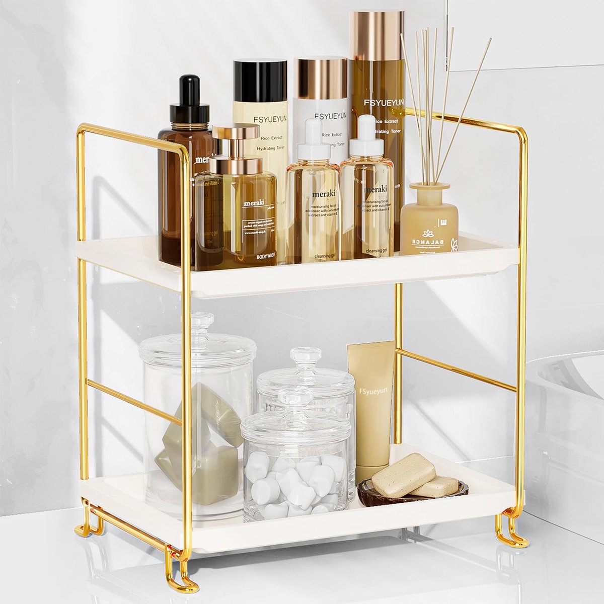 SnelShoppen - 2-tier make-up organizer plank, keuken kruidenrek, badkamer aanrecht organizer, luxe goud, roestvrij staal en kunststof, 9,9 inch L x 6,