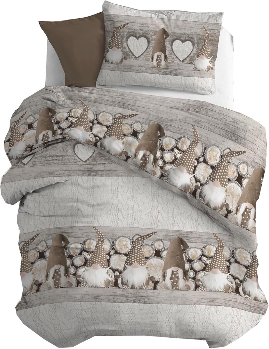 SnelShoppen - PENSIERI DELICATI Bed Linnen Set Eenpersoonsbed, Flanel Dekbedovertrek 155 x 200 cm, 100% Katoen, Kussensloop 52 x 82 cm, Gnomo Beige Mo