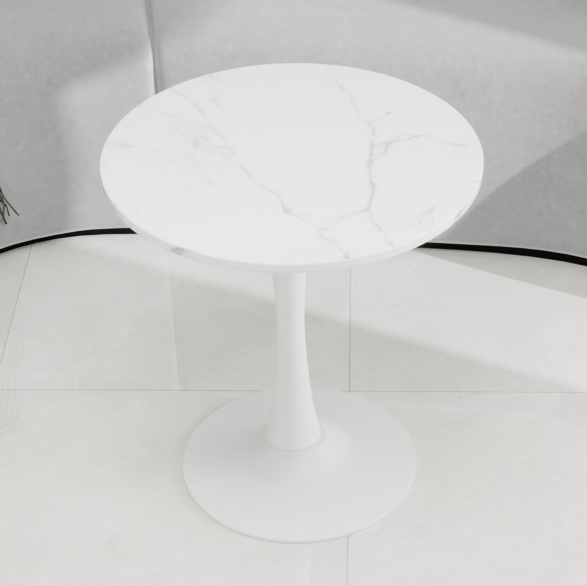 MEUNIQ ronde salontafel 70 cm wit met marmerlook blad en enkel tafelpoot, moderne tafel voor woonkamer, zithoek en tijdelijk dineren