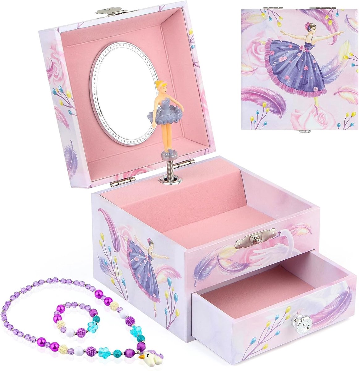 SnelShoppen - Muzikale Sieradendoos Ballerina Kids met Draaiende Ballerina en Lade - Perfect als Geschenk voor Meisjes - Roze Houten Muziekdoos voor F