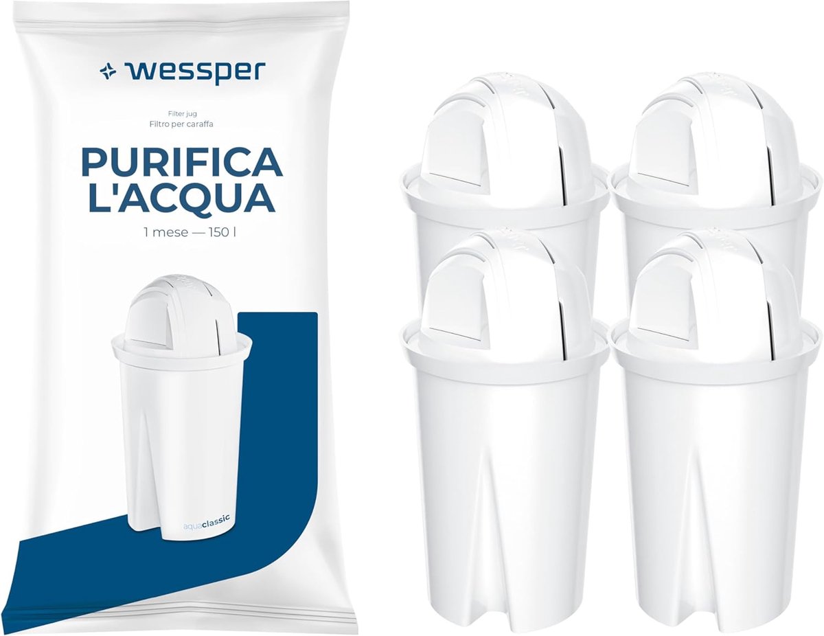 SnelShoppen - Waterfilter Cartridges voor Waterkan, Actieve Koolstoffilters, 4 Stuks, Vermindert Kalk, Geuren en Chloor, Ideaal voor Keuken en Koffiem
