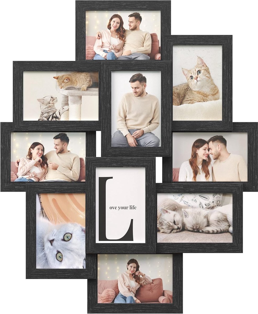 Triumpunpre Fotolijsten Set - 10 Stuks Collage Fotolijsten voor Muur - Zwarte Wandhangende Fotolijsten 4x6 inch - Houten Galerij Set voor Meerdere Foto's - Muurdecoratie voor Woonkamer, Slaapkamer en Hal