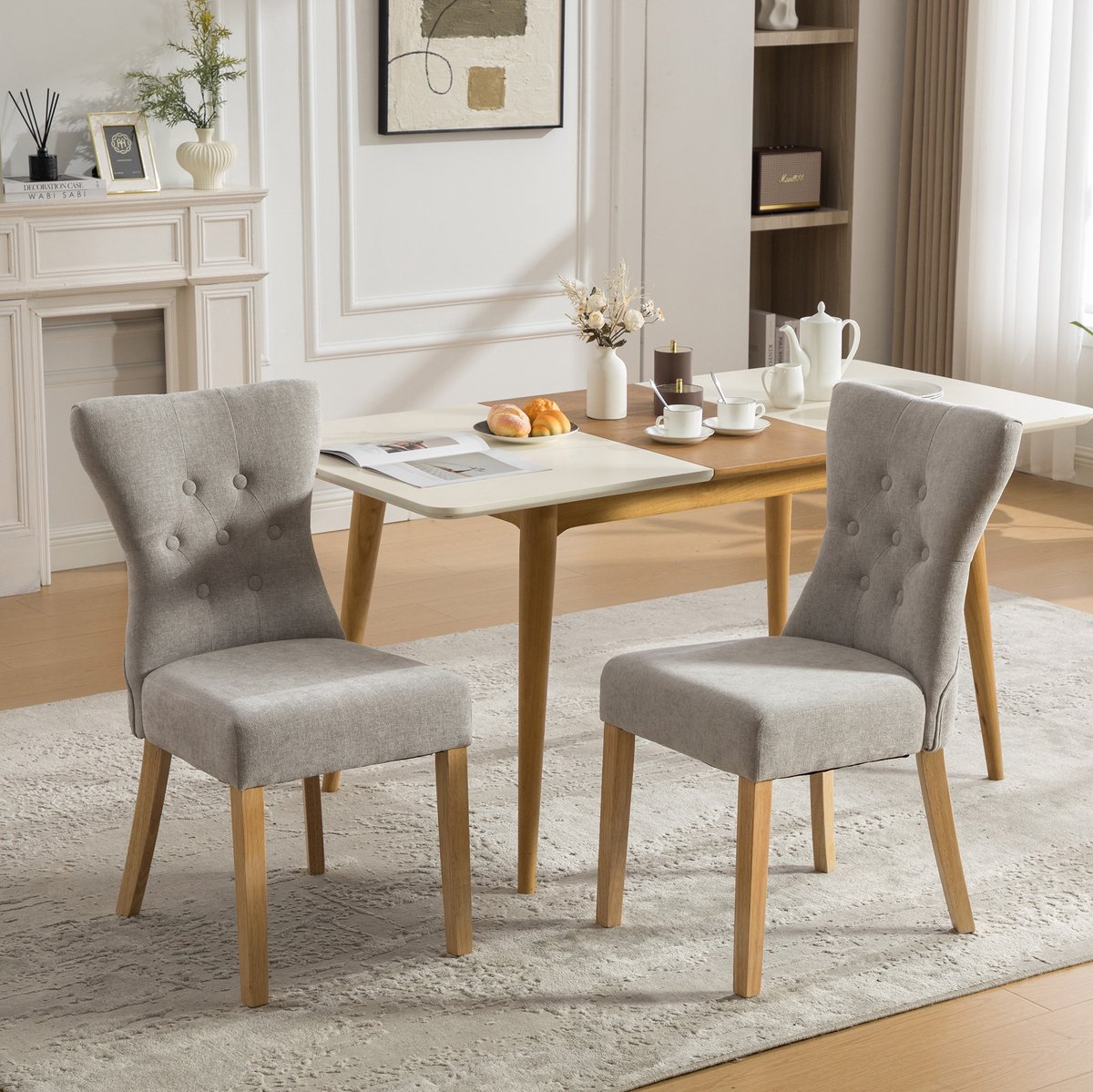 MEUNIQ eetkamerstoel set van 2 grijs, gestoffeerde stoel met chenille bekleding, hoge rugleuning, knoop- en nageldecoratie, houten poten voor eetkamer Gray