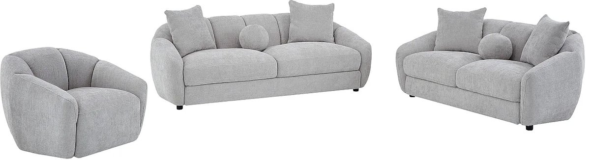 Vente-unique Driezits- en tweezitsbank en een fauteuil in lichtgrijze getextureerde stof NAFEKI