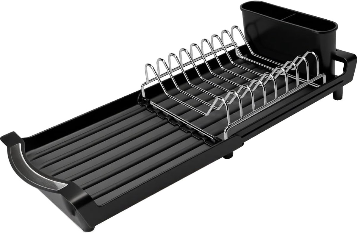 Afdruiprek – Met lekbak en bestekhouder – Zwart en zilver – 38 x 18 x 10 cm – Camping