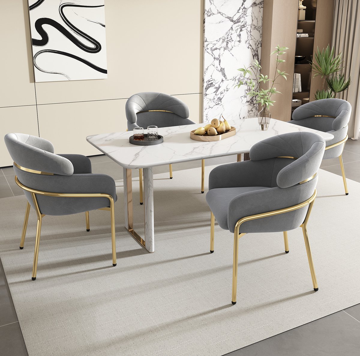MEUNIQ Eetkamerstoel set van 4 grijs, velvet, met armleuningen, metalen vierpoot, moderne stoel voor eetkamer, woonkamer en slaapkamer
