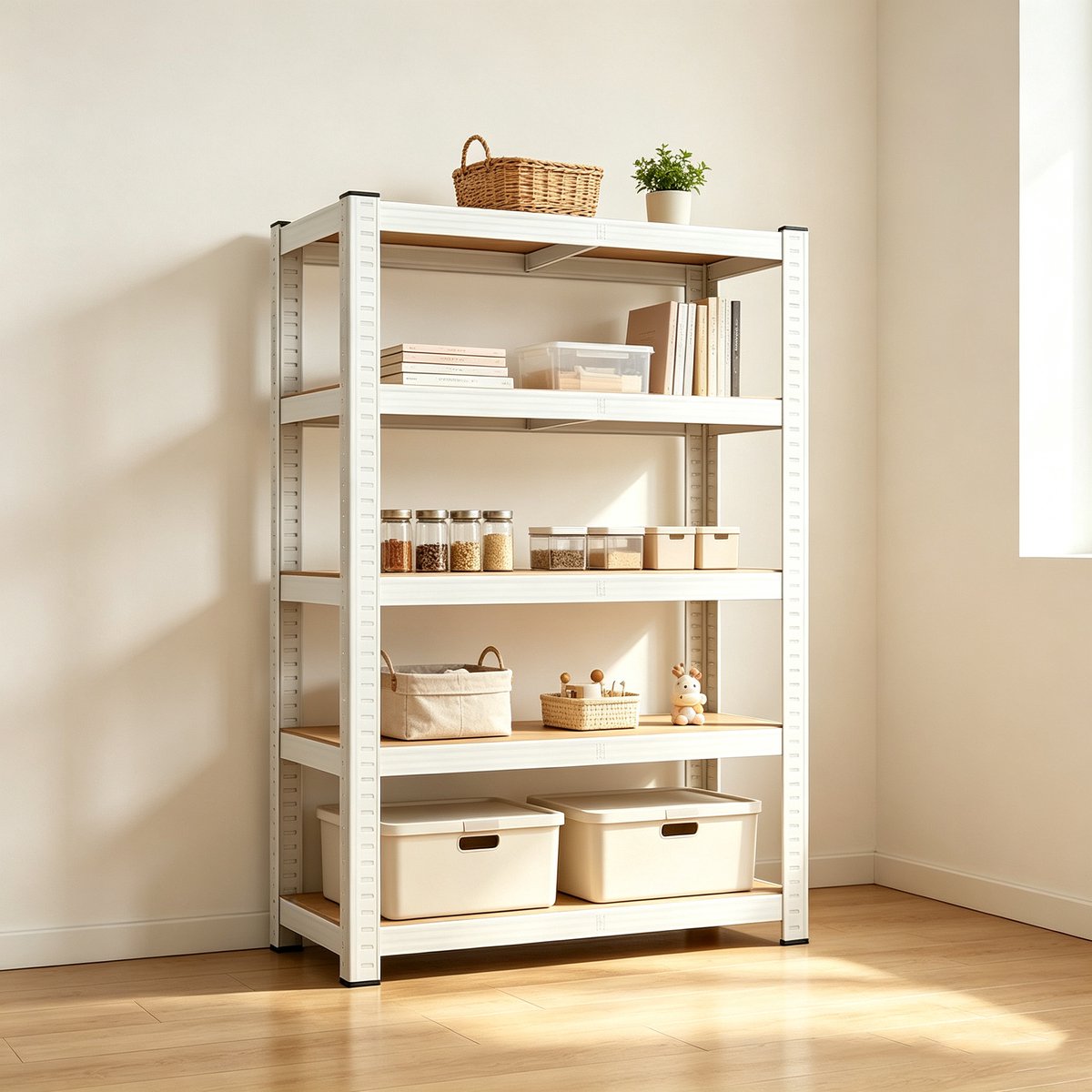 Dit witte verstelbare opbergrek met vijf planken heeft afmetingen van 60 x 40 x 180 cm Dit stevige metalen rek is ideaal voor gebruik in garages keukens voorraadkasten kelders badkamers en andere vergelijkbare ruimtes