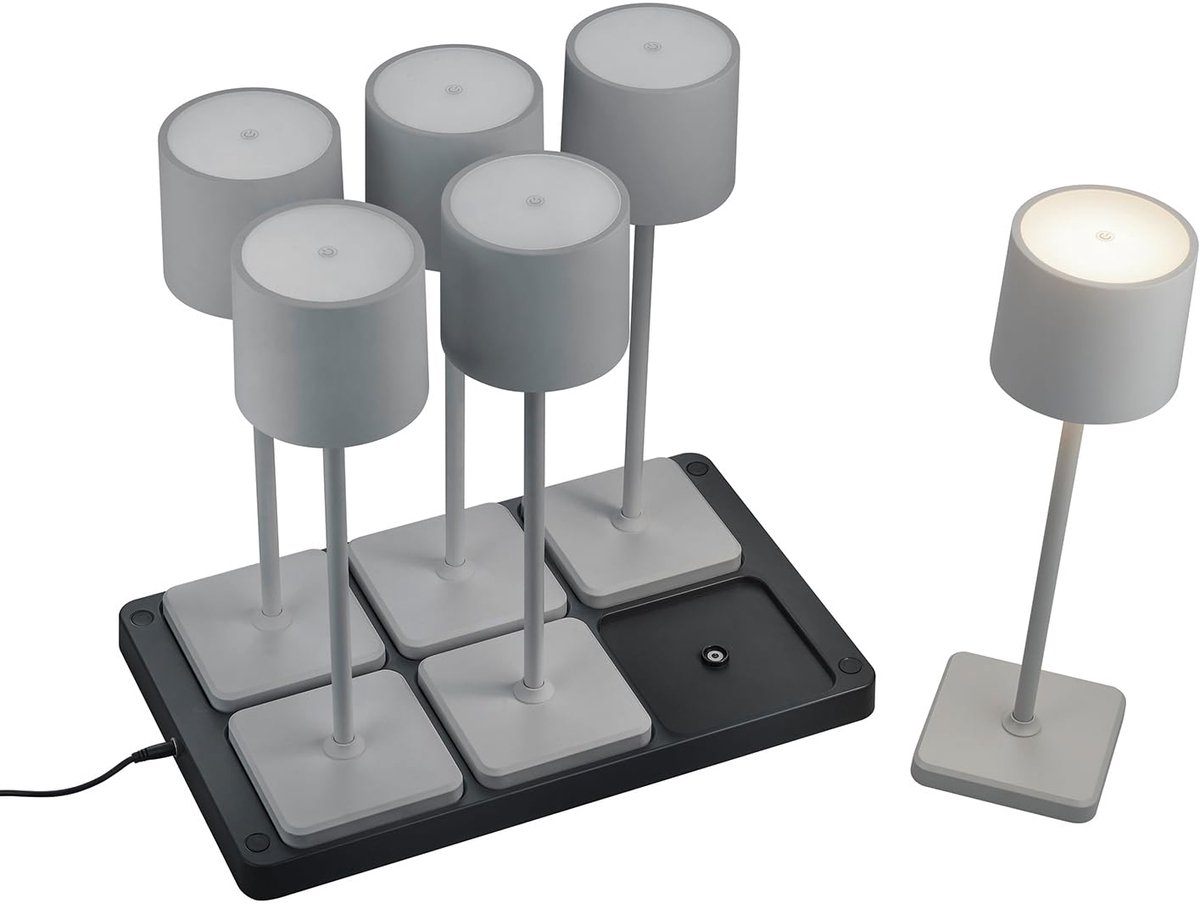 SnelShoppen - Led Tafellampen Set met Accu voor Binnen en Buiten, 6x Oplaadbare Tafellampen met Laadstations, Grijs Metaal/Kunststof, 1,5 Watt, Perfec