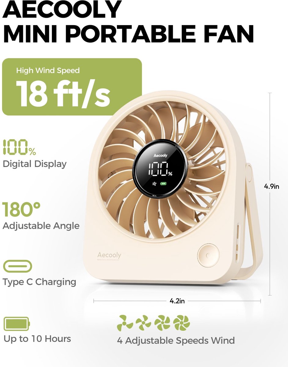 SnelShoppen - Aecooly Mini-tafelventilator USB-oplaadbaar met 4 Windstanden, Stille Batterijventilator voor Kantoor, Reis, Camping, 10 Uur Batterijduu