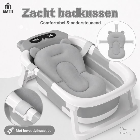 MATTI® - Baby Bad- Babybad - Baby Badset - Opvouwbaar - Inclusief Kussen en Thermometer - Grijs — afbeelding 2