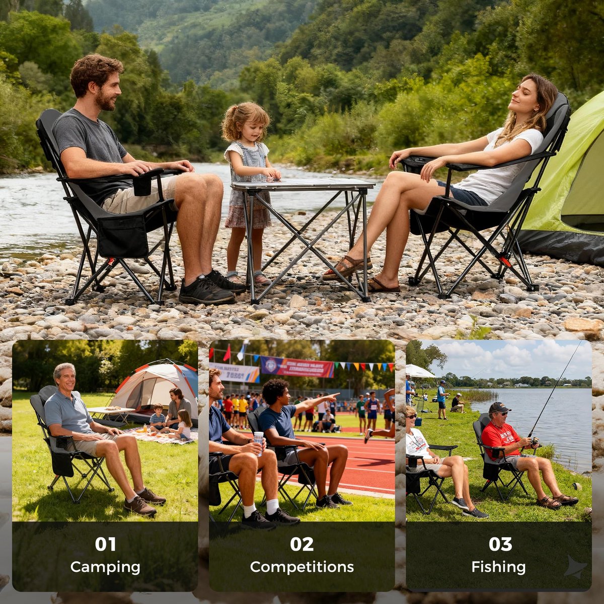 SnelShoppen - OUTSIDER Campingstoel voor zware belasting tot 200 kg, vouwstoel voor vissen, wandelen, kamperen met 3 hellingshoeken, bekerhouder en zi