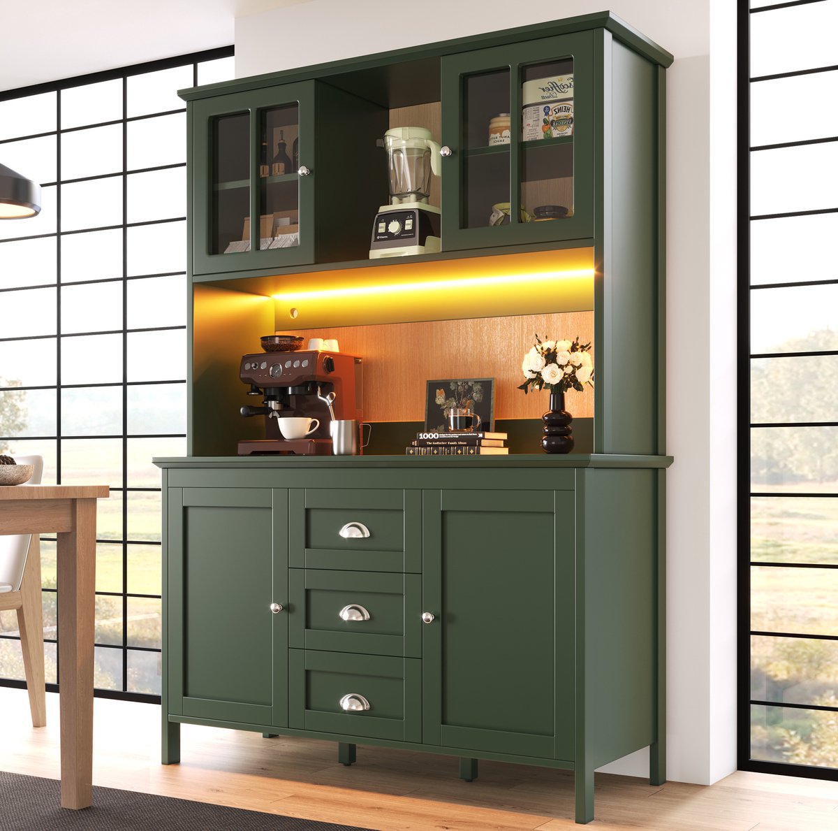 DESMIU Keukenkast - Hoge Opbergkast Met Bruine Glazen Deuren En LED Verlichting - Voor Keuken - MDF - 120x40x179 Cm - Groen