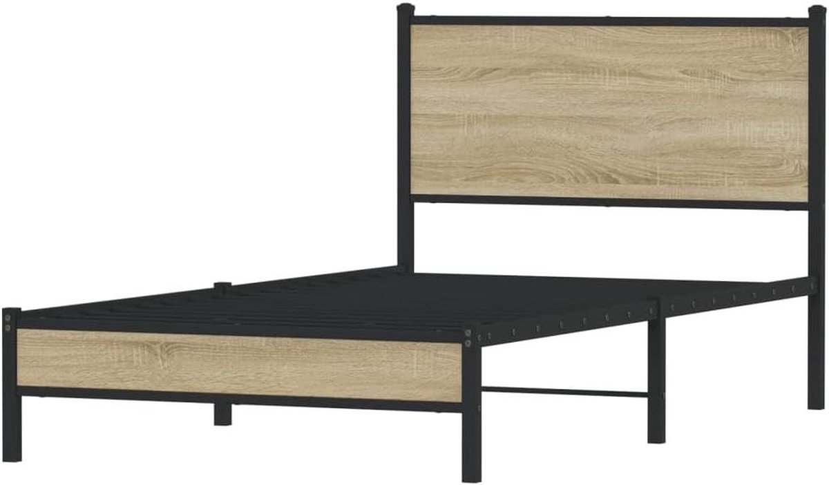 Bedframe met Hoofdbord - Ledikant Metaal - Slaapkamer Inrichten - Robuust Stalen Frame - 100x200 cm - Sonoma Eiken