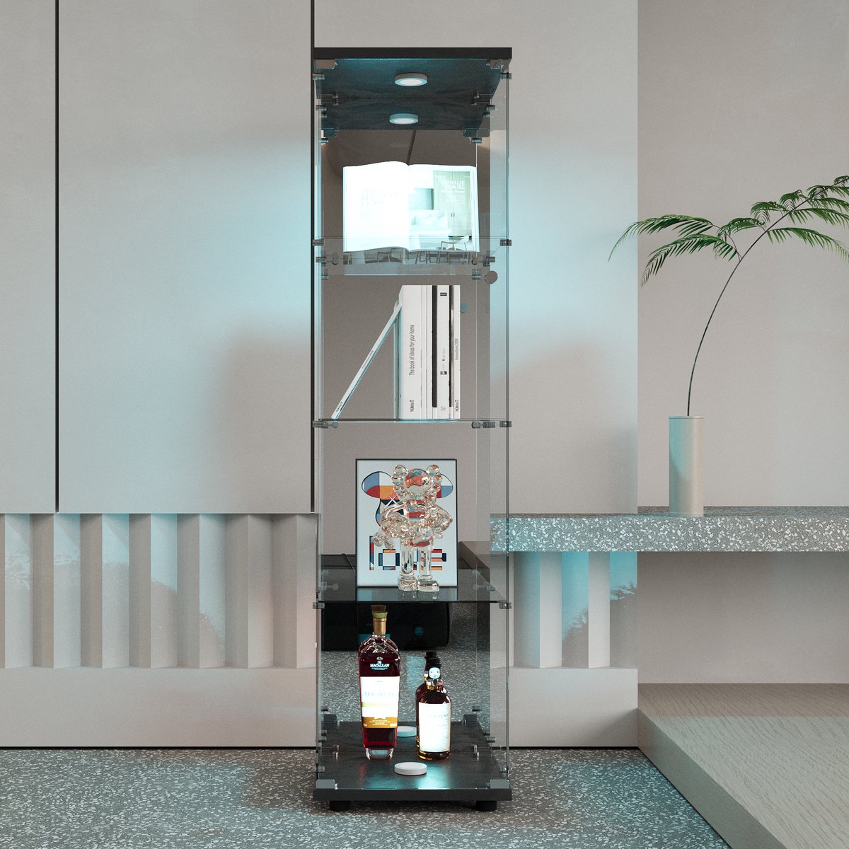 Vitrinekast 4 niveaus gehard glas 42,5x36,5x164 cm, opbergkast, boekenkast, kast met spiegel en LED verlichting, woonkamer kantoor, zwart