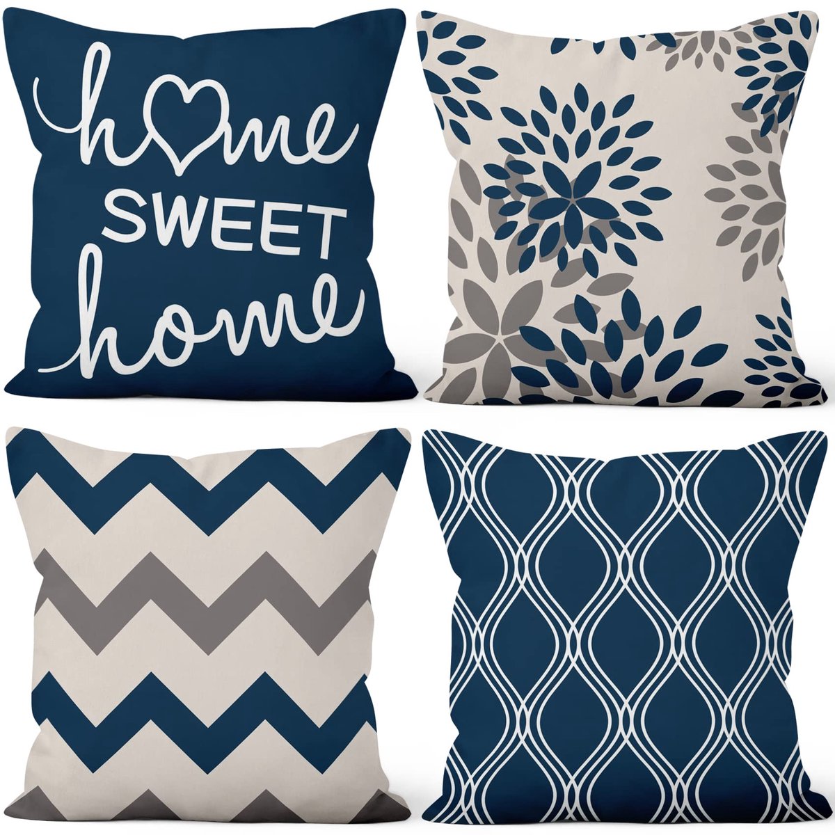 Kussenslopen Set van 4, Sweet Home Throw Kussenslopen Blauw en Grijs Geometrie Bloem Zachte Korte Pluche Vierkante Kussensloop voor Sofa Bank Slaapkamer Autostoel Home Decor 16 "x16"