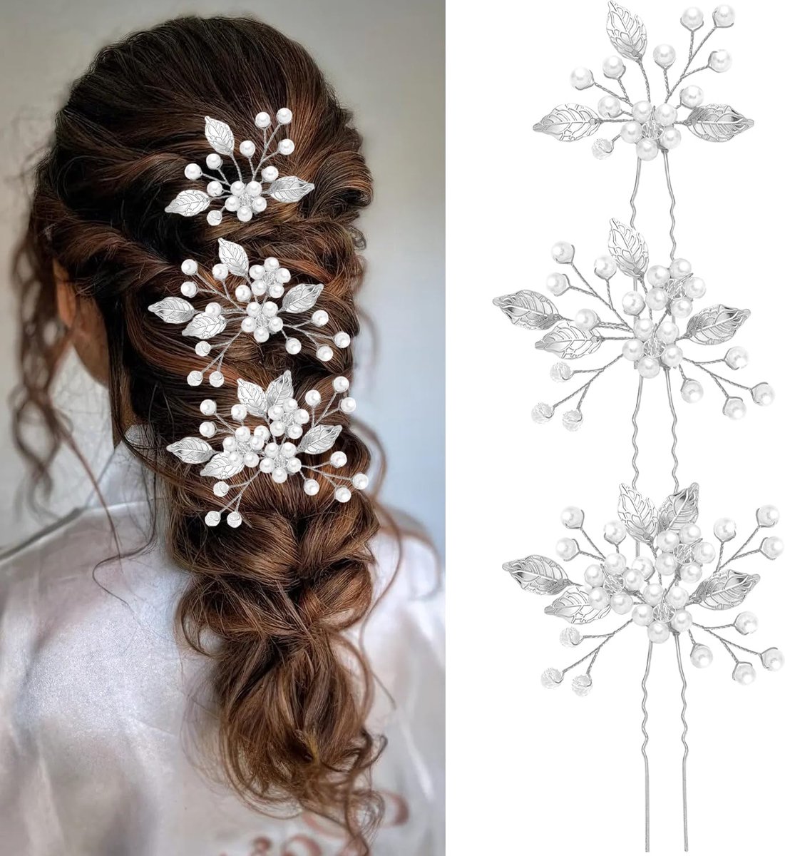 3-delige Bruids Haaraccessoires | Zilveren Kristal Blad Bloem Parel Haarspelden | Clips | voor Vrouwen, Meisjes, Dames, Feest, Bruiloft, Gala - Goud
