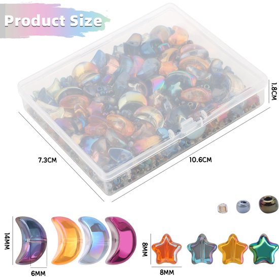 kralen set 520 stuks ster & maan 8-14mm + mini glaskralen kleurrijk gegalvaniseerd voor armbanden sieraden maken oorbellen doe-het-zelf kettingen - incl. opbergdoos — afbeelding 5