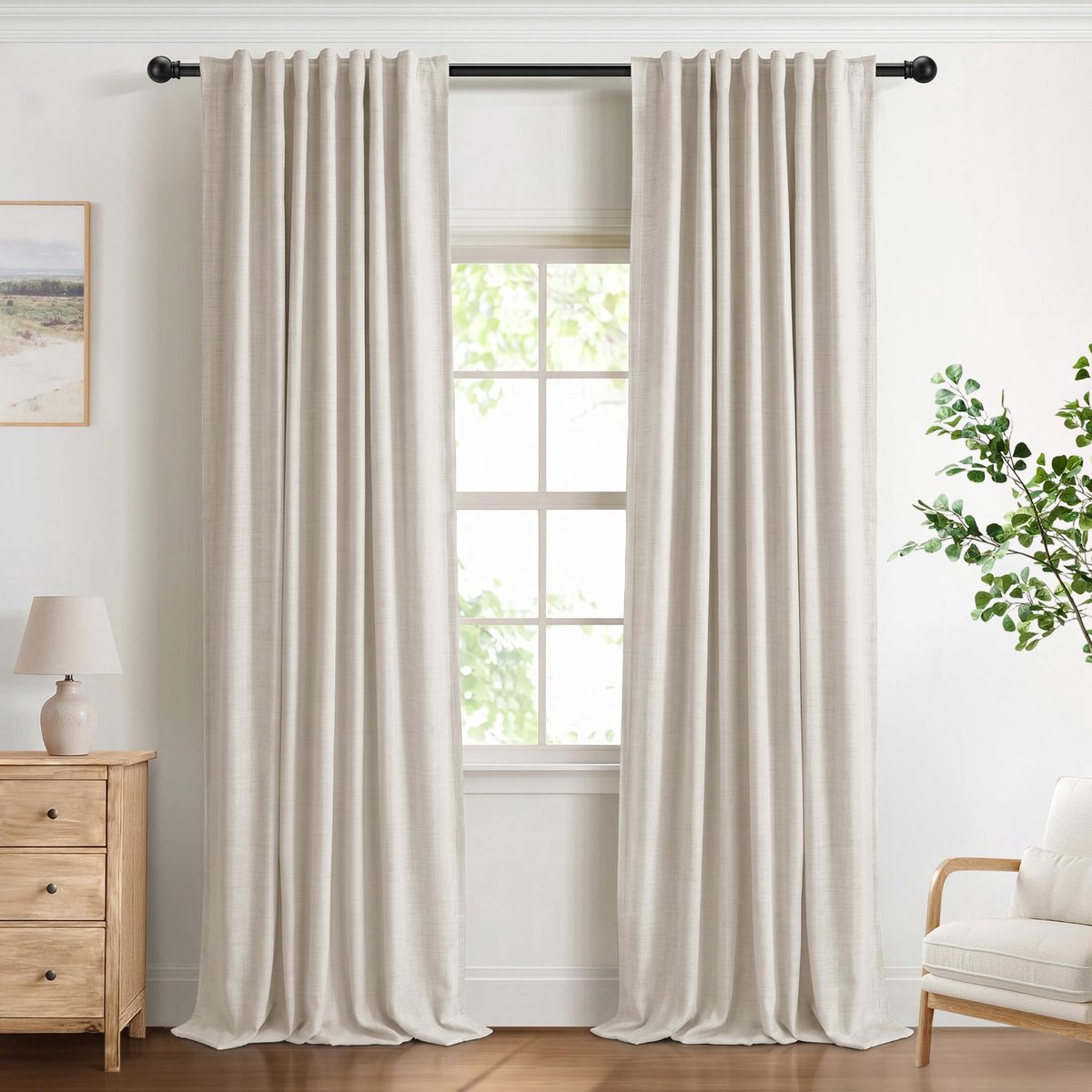 100% verduisteringsgordijnen met verborgen lussen, linnenlook, set van 2 ondoorzichtige gordijnen, stangdoorgang voor slaapkamer of woonkamer, H 245 x B 140 cm, crème