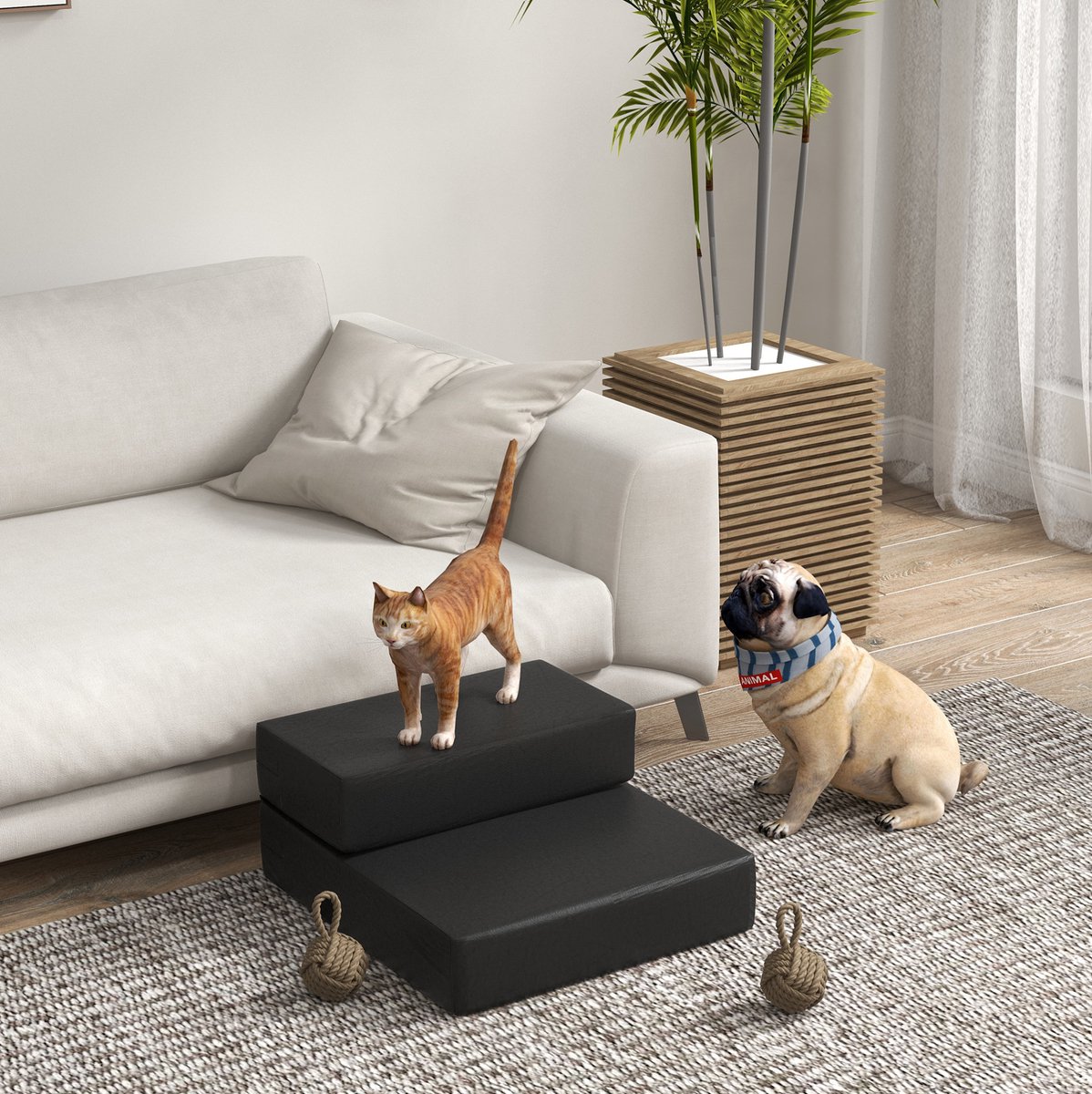 MEUNIQ opvouwbare huisdierentrap 45 x 39 x 20 cm, 2 treden, 2-in-1 als dierentrap of onderlegmat, afneembare hoes, voor katten en honden, zwart