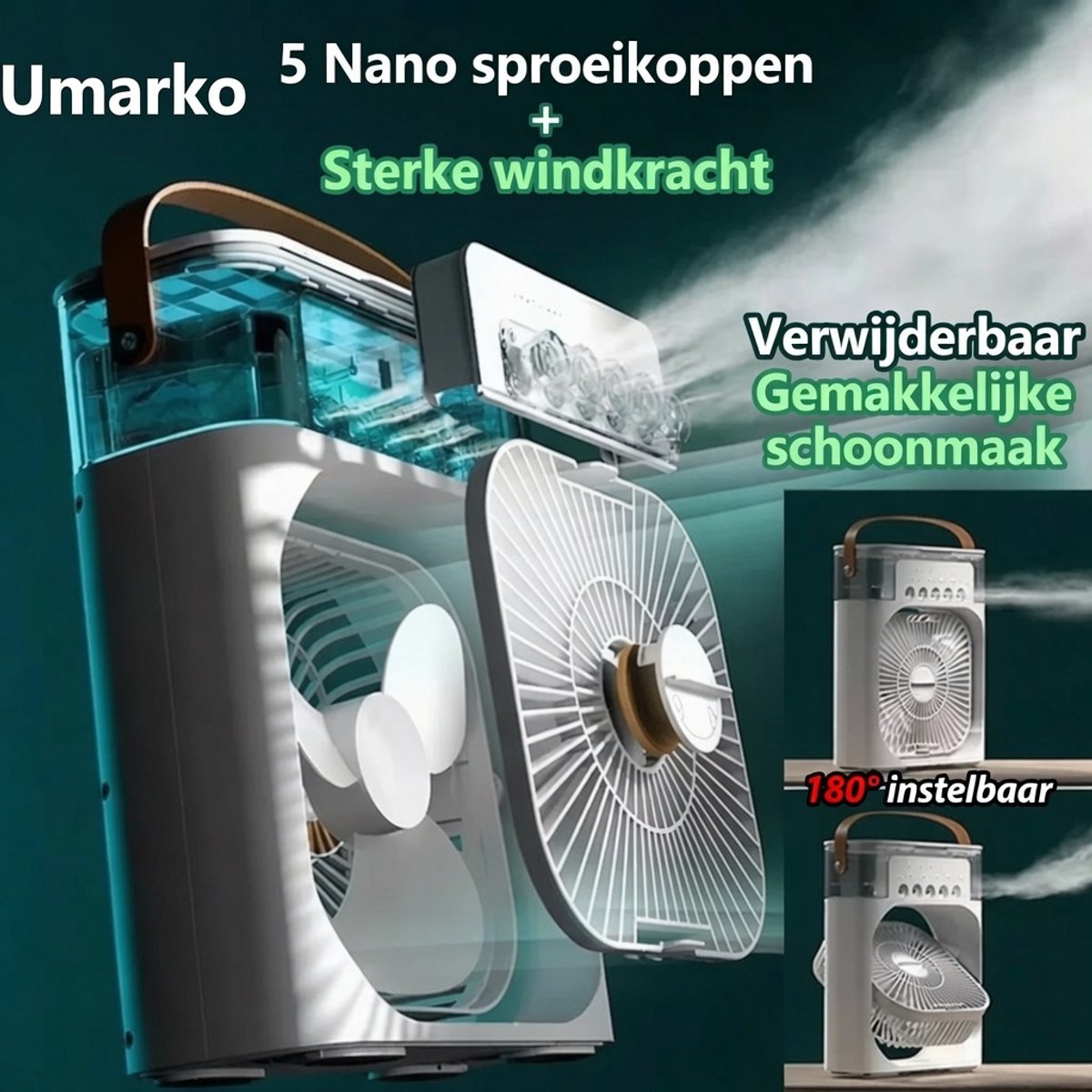 Umarko Mini Airco - Draagbare 3-in-1 Luchtkoeler met Bevochtiger & 7 Kleuren LED Lamp - Slaapkamer & Kantoor — afbeelding 7