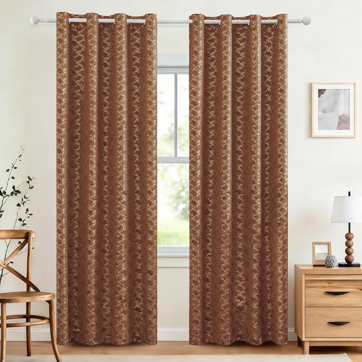 Set Van 2 Thermische Verduisterende Gordijnen, 140x225cm, Fluweel Warmte-Isolerende Gordijnen, Geschikt Voor Woonkamer Slaapkamer, Modern Design Met Oogjes, Karamel