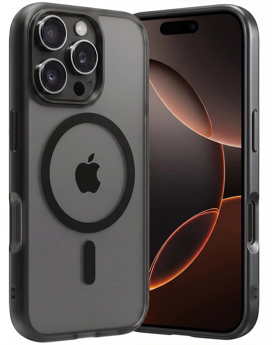 Coque de téléphone noire avec cercle MagSafe pour iPhone, présentée avec le téléphone à l'intérieur.