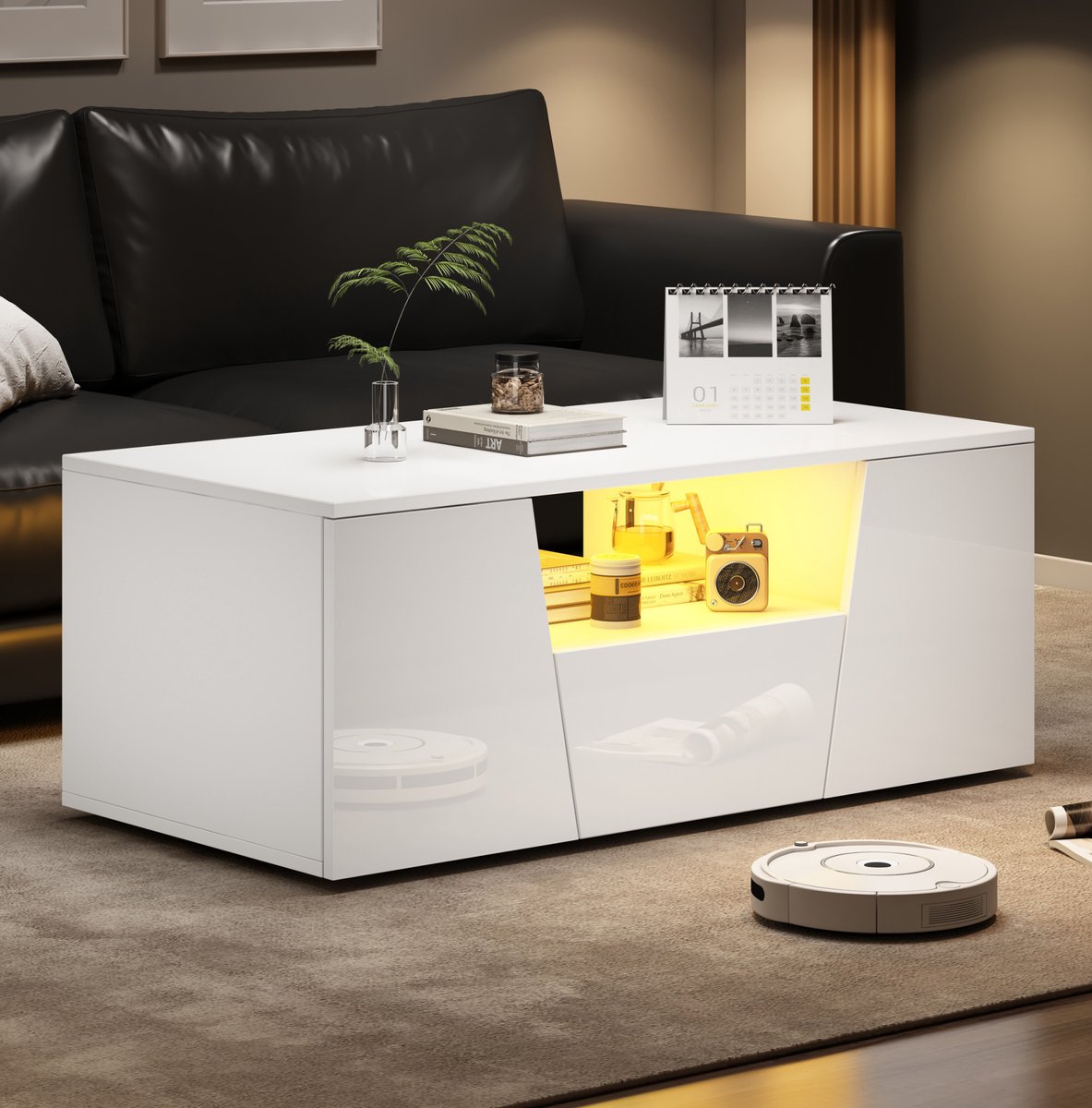 HAUSS SPOLE Salontafel - Hoogglans Met Ledverlichting En Opbergruimte - Voor Woonkamer Bij Bank - Spaanplaat - 100 X 50 X 40 Cm - Wit
