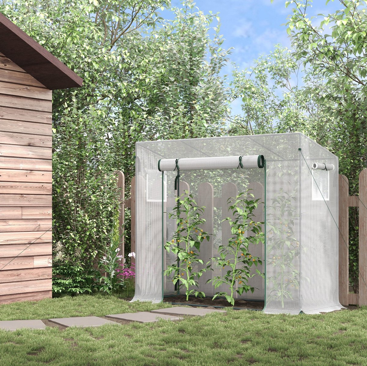 MEUNIQ Foliekas 200 x 76 x 150/168 cm met stalen frame, PE-folie, roldeur en zijvenster voor tuin of terras, wit