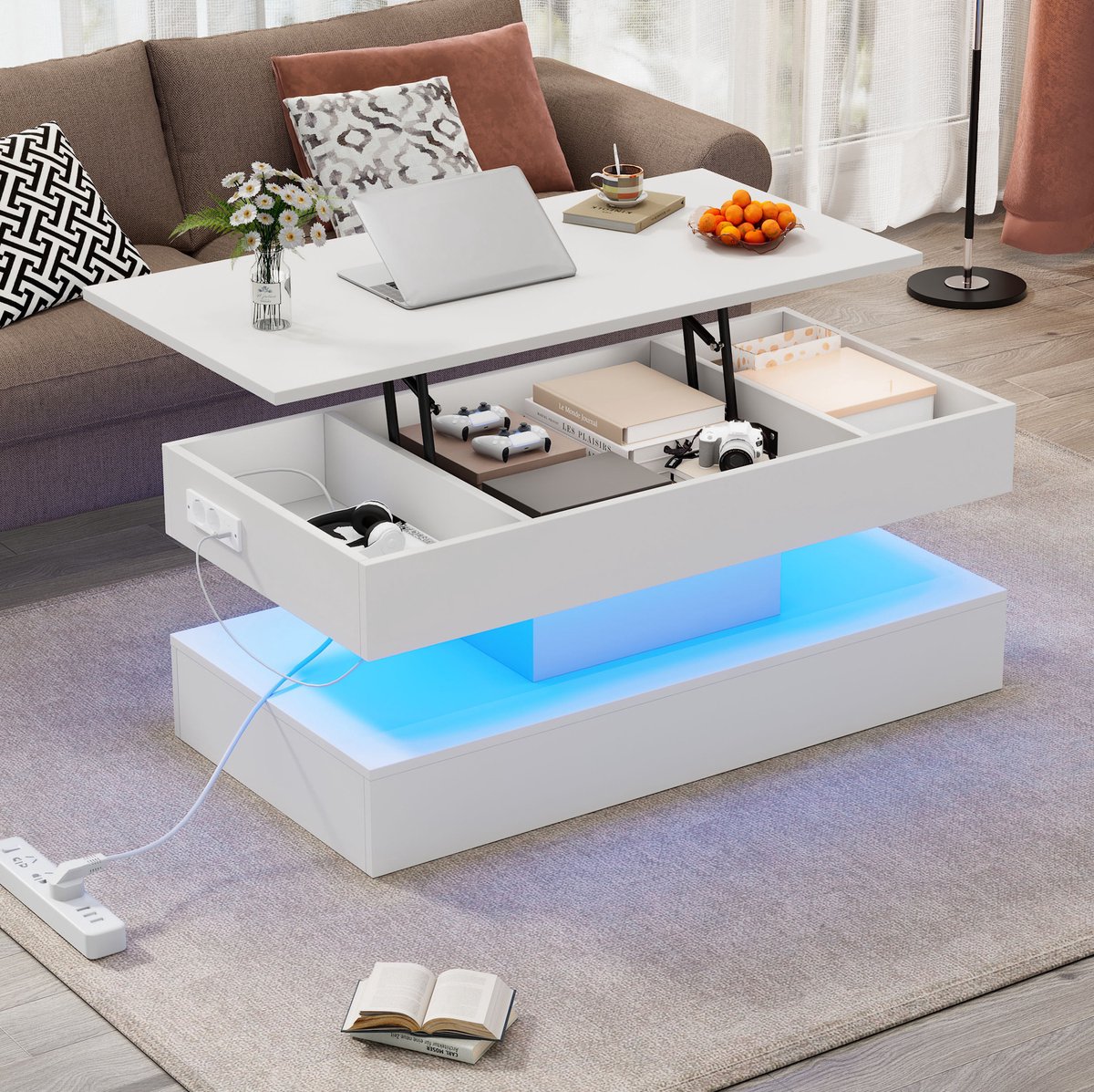 HAUSS SPOLE Salontafel - In Hoogte Verstelbaar Met Led En Verborgen Opbergruimte - Voor Woonkamer En Werken - Spaanplaat - 100x50x42 Cm - Wit