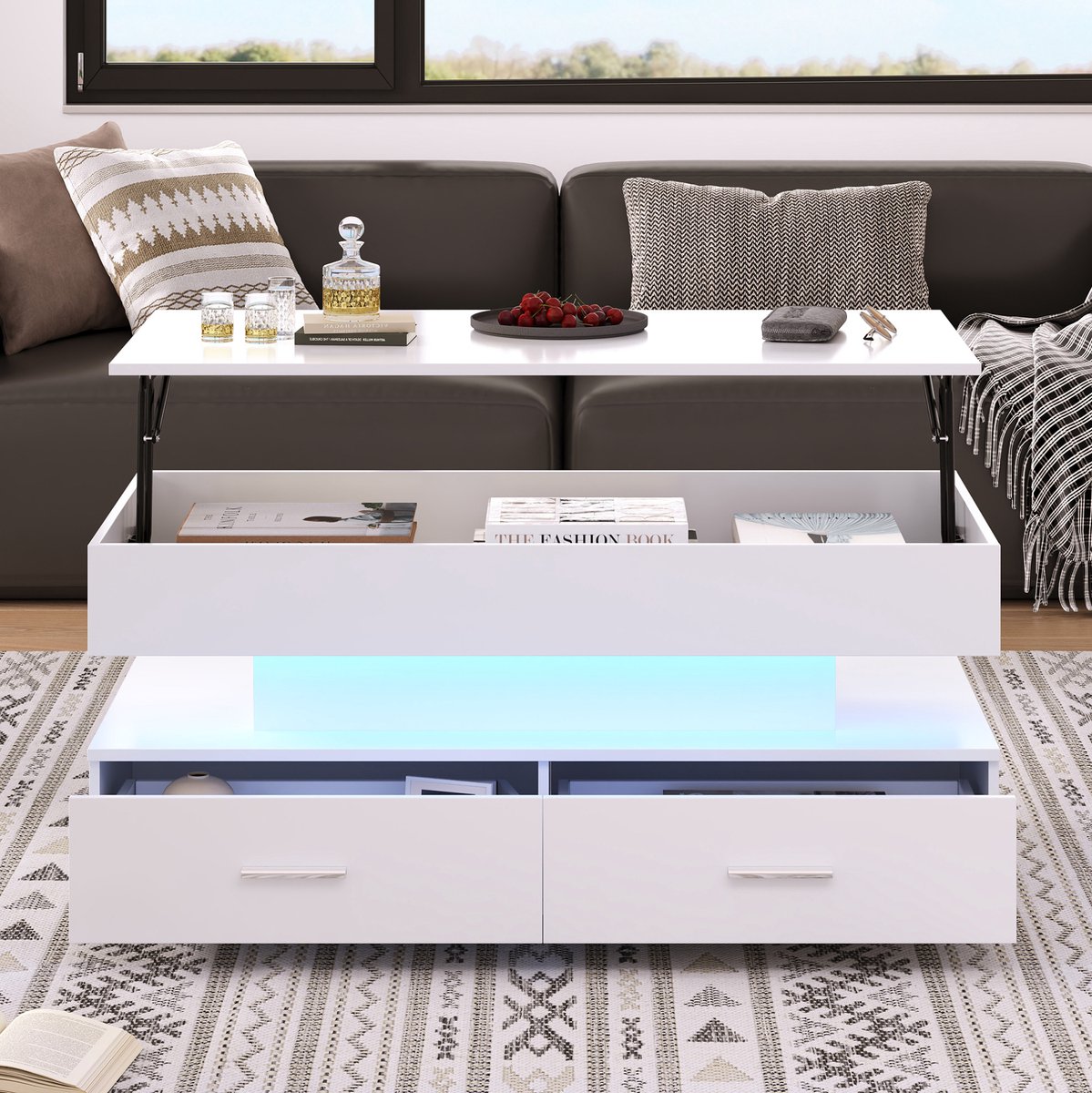 HAUSS SPOLE Salontafel - Hydraulisch Hoogteverstelbaar Met LED-Verlichting En 2 Lades - Voor Woonkamer - Spaanplaat - 100x50x44 Cm - Wit